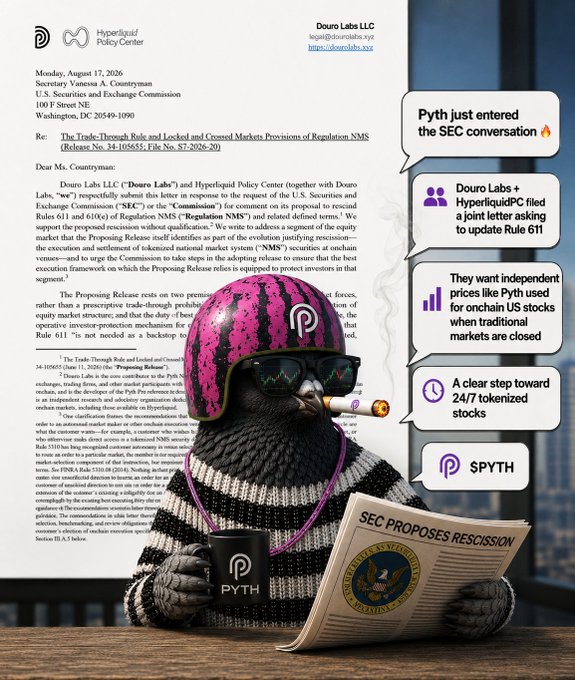 Meme featuring a knit penguin wearing a pink "SPYTH" helmet and sunglasses, smoking a cigar, set against an SEC proposal letter from Douro Labs and Hyperliquid Policy Center regarding Rule 611.