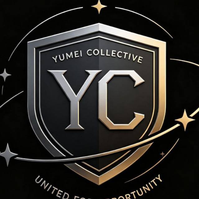 A black and gold shield logo for 'YUMEI COLLECTIVE' with the letters 'YC' in the center and the tagline 'UNITED FOR OPPORTUNITY' along the bottom.