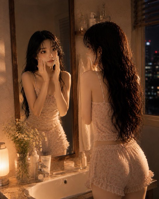 A woman with long black hair stands in front of a bathroom mirror in a floral lace nightgown, gently touching her face in the warm golden light. The image ties to her nighttime routine reflection, mirroring the "good night" moment as she winds down her day.