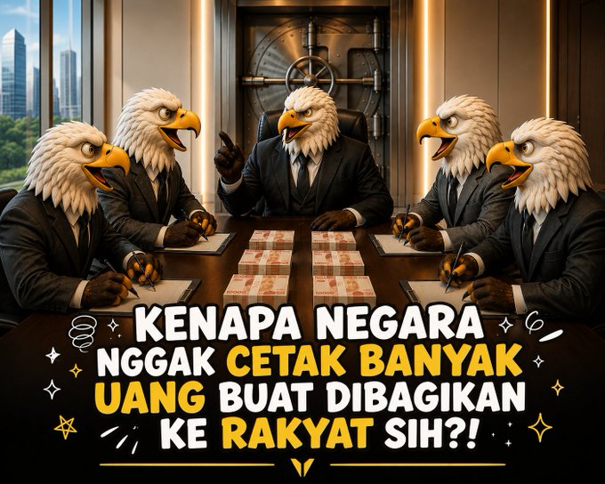 A satirical image of anthropomorphic eagles in business suits around a boardroom table with stacks of money, with Indonesian text reading 'KENAPA NEGARA NGGAK CETAK BANYAK UANG BUAT DIBAGIKAN KE RAKYAT SIH?!' ('Why doesn't the state just print lots of money to distribute to the people?!').