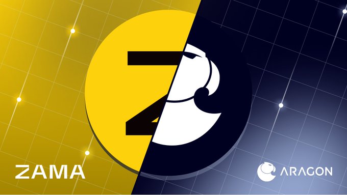The image is a split graphic showing the Zama logo (yellow side) and Aragon logo (dark side), with the caption connecting to skepticism about a privacy-focused stablecoin, noting how Circle's regulatory compliance power could undermine its privacy claims.