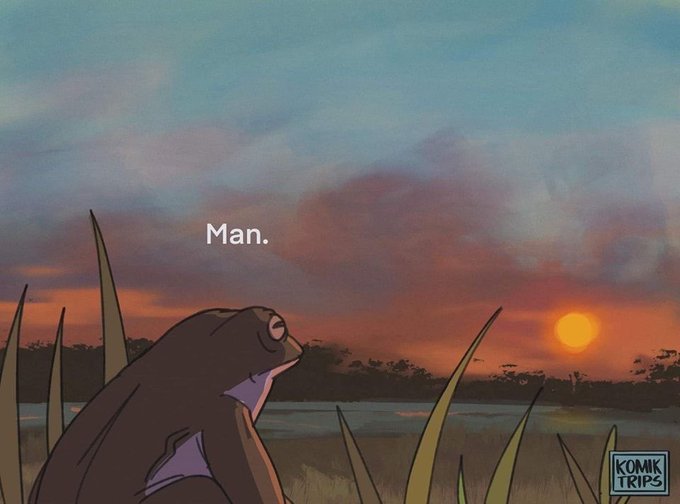 An illustration of a frog gazing at a sunset with the text 'Man.' above it and a 'KOMIK TRIPS' logo in the corner.