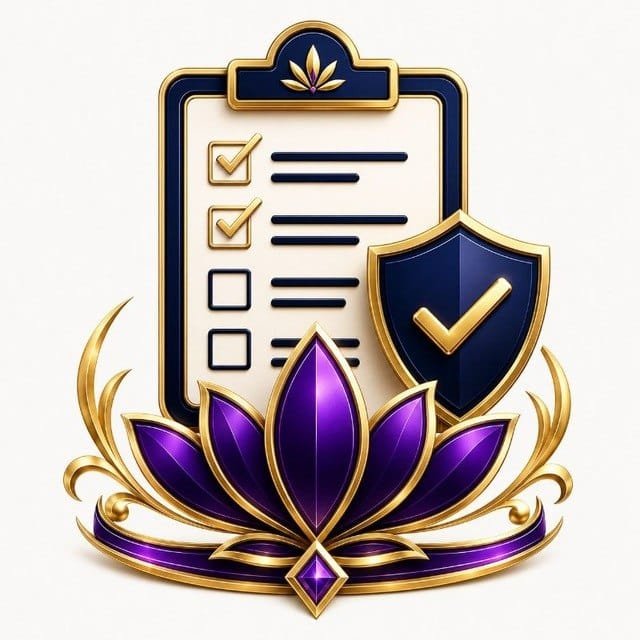 An ornate digital emblem featuring a clipboard with checklist items, a shield with a checkmark, and a purple lotus flower at the base, all in gold and dark blue.