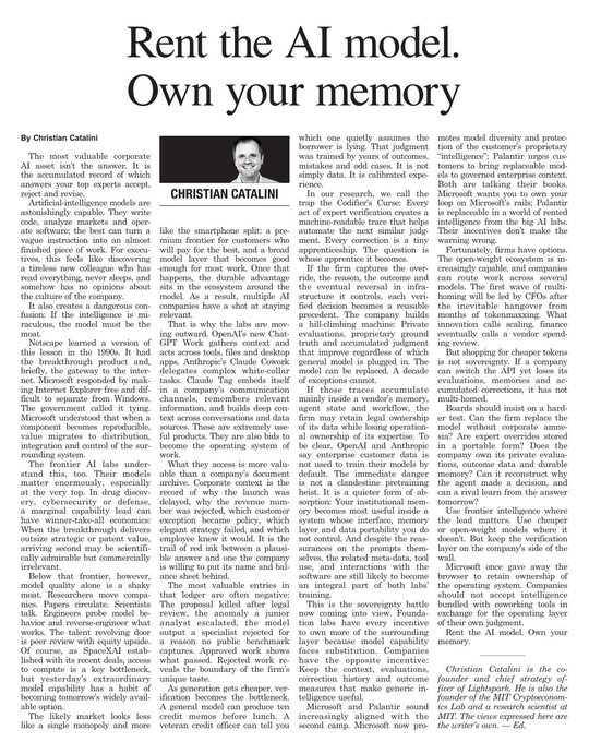 A magazine article titled "Solve for Why: Own Your Own Intelligence" by Christian Catalini discussing AI expertise, open-source models, and frontier AI labs like OpenAI and Anthropic.