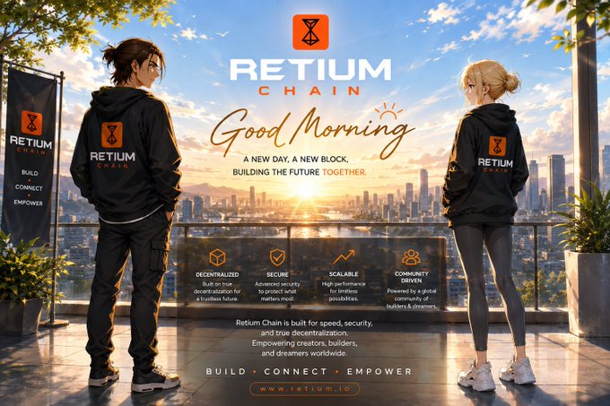 An anime-style promotional image for RETIUM CHAIN featuring two characters in branded hoodies overlooking a city skyline, with text reading 'Good Morning', 'A NEW DAY, A NEW BLOCK, BUILDING THE FUTURE TOGETHER', and 'BUILD • CONNECT • EMPOWER'.