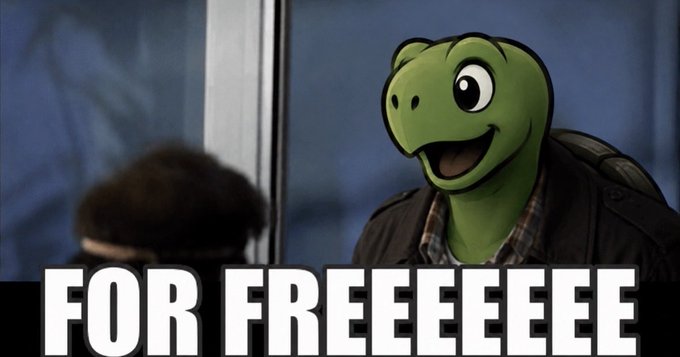A meme featuring a cartoon turtle-headed character wearing a leather jacket, with bold text reading 'FOR FREEEEEE' at the bottom.