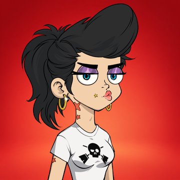 A cartoon character of a woman with black hair, hoop earrings, and a white skull t-shirt against a red background.