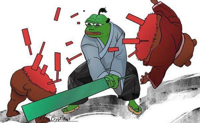 Cartoon depicting Pepe the Frog dressed as a samurai wielding a katana, with red candlestick charts crashing behind him and bleeding out from two defeated bear figures, signed 'CryptoBart'.