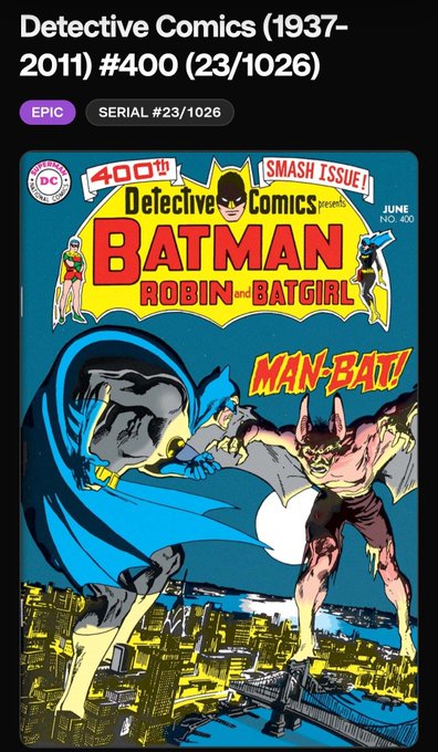 A digital card display titled 'Detective Comics (1937-2011) #400 (23/1026)' shows the cover of Detective Comics #400 featuring Batman, Robin, and Batgirl fighting Man-Bat above a city skyline.
