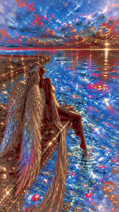 A fantasy digital artwork depicting an ethereal figure with long flowing hair and shimmering wings sitting at the edge of water, gazing at a dramatic sunset sky with vibrant orange clouds reflected in the rippling blue surface below.