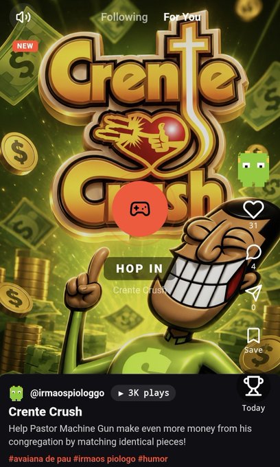 A TikTok video screenshot for the game "Crente Crush" by @irmaospiologo, featuring the title with a cross, a heart with an eagle, and a cartoon man in green.