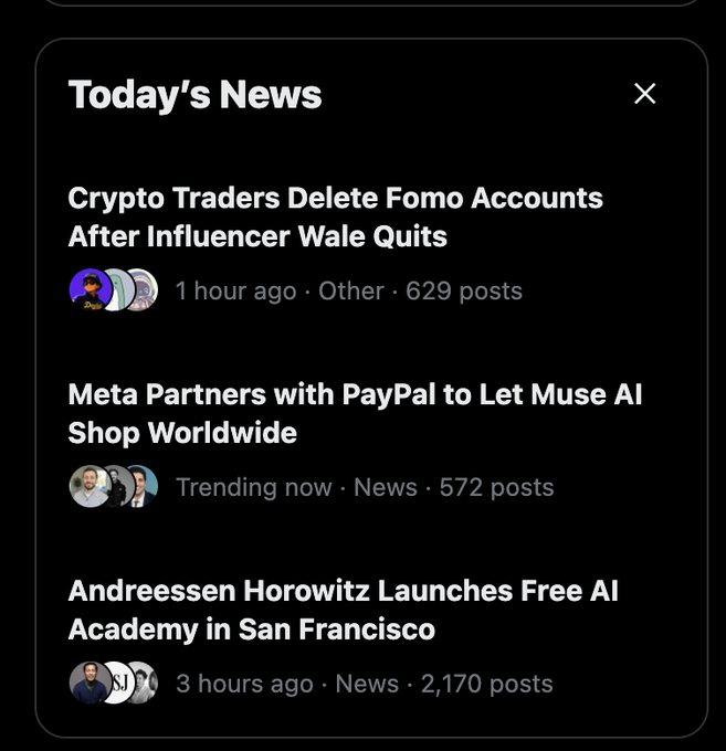 A screenshot of a mobile app news feed titled "Today's News" featuring headlines including "Crypto Traders Delete Fomo Accounts After Influencer Wale Quits", "Meta Partners with PayPal to Let Muse AI Shop Worldwide", and "Andreessen Horowitz Launches Free AI Academy in San Francisco".