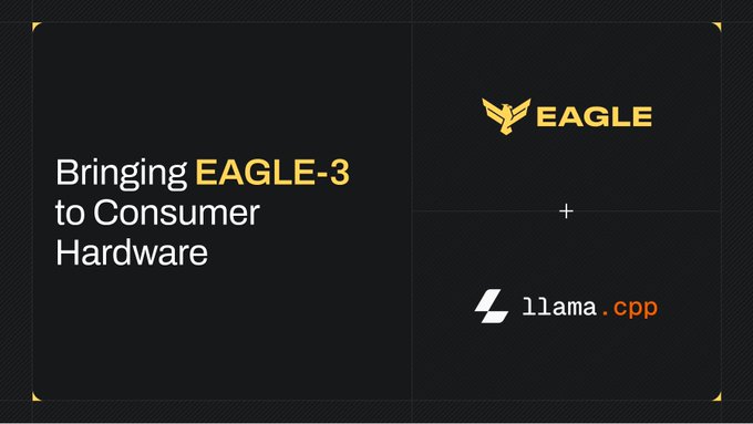 The image features a black background with white text that reads "EAGLE-3 speculative decoding has now been integrated natively into llama.cpp. The implementation adds support for EAGLE-3'S encoder-decoder speculative decoding architecture, with reported inference speedups of 2-3x". This suggests that the image is promoting a new software or technology related to EAGLE-3 and its compatibility with llama.