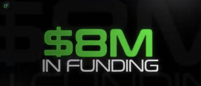 A graphic announcement in green and white text reading '$8M IN FUNDING' against a dark background.