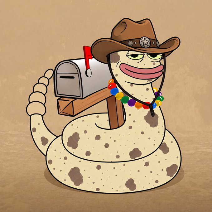 A cartoon snake character wearing a cowboy hat with a star badge, a beaded necklace, and a mailbox strapped to its body, coiled on a sandy background.