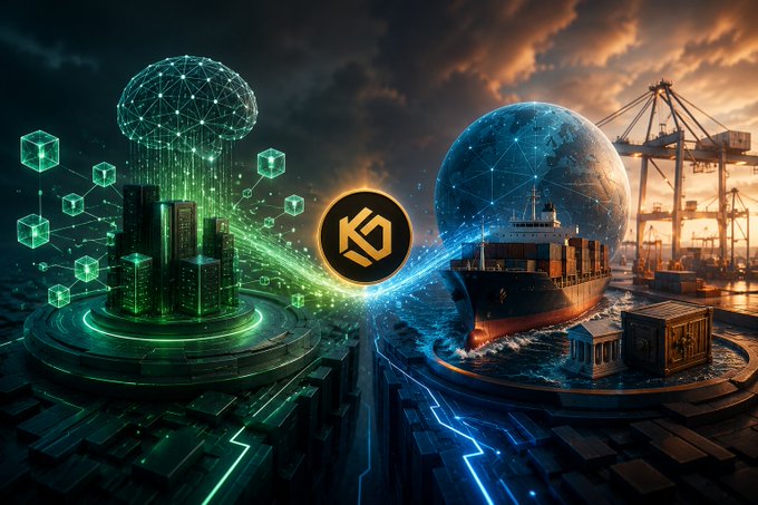 A dramatic digital artwork contrasts a green digital/data cityscape with a blue globe showing shipping ports, connected by lightning bolts around a central KG logo.
