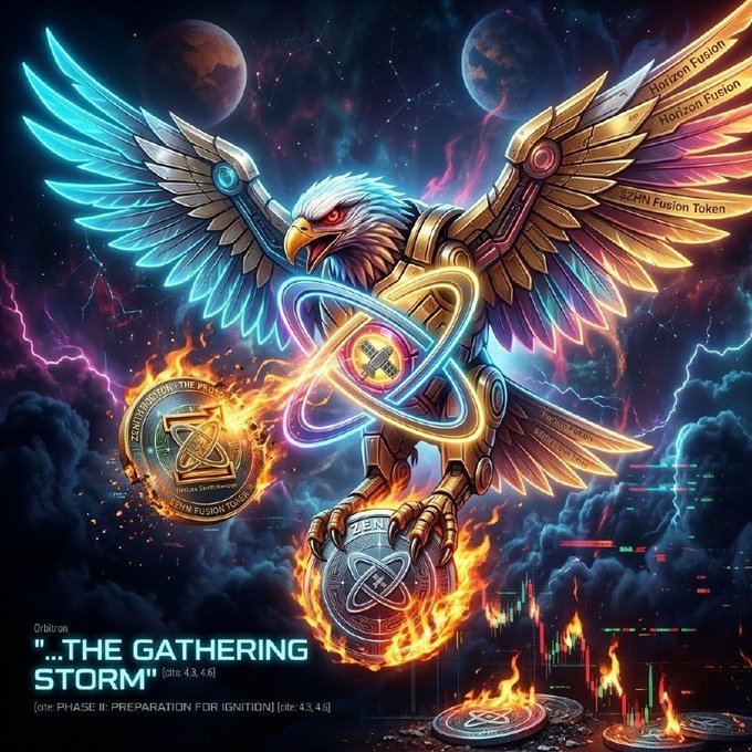 The image features a vibrant illustration of an eagle, with its wings spread wide open, holding two coins in one hand and a ring in the other. The background of the image is dark blue, filled with clouds that give off a neon glow. The phrase "The gathering storm" is written above the eagle's head, while the phrase "Burn Two. Back-to-back. Two months in a row, Horizon sparks the second burn for Zenith." is written below the eagle.