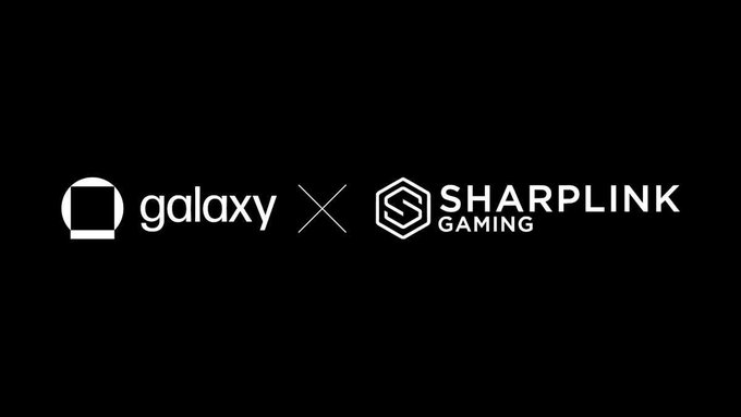 The image displays the logos of "Galaxy" and "SharpLink Gaming" separated by an "X" on a black background, visually representing the partnership between the two firms that launched a $125M on-chain yield fund combining SharpLink's staked ETH with Galaxy Digital's contribution.