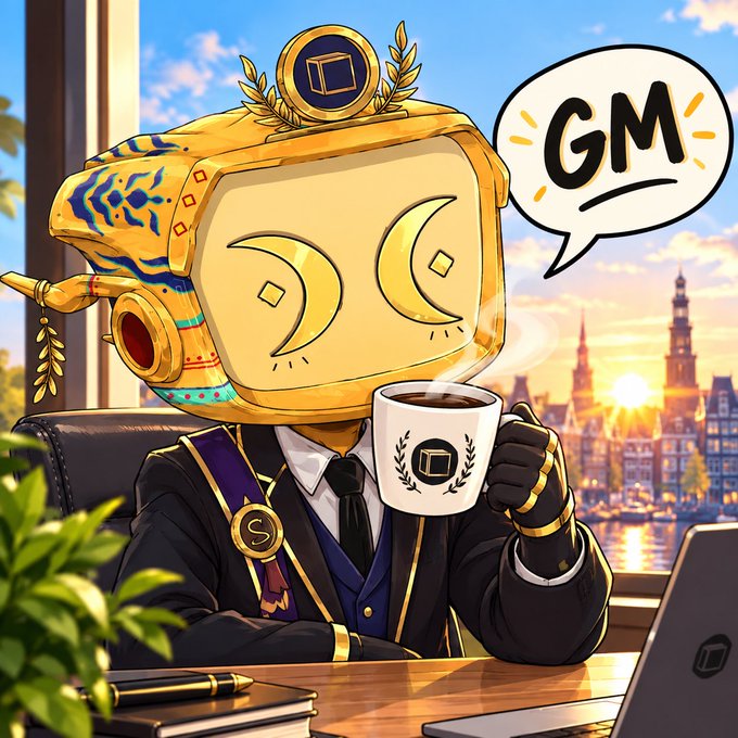 An animated, gold TV-headed character wearing a suit and laurel wreath holds a steaming coffee mug, with a speech bubble displaying 'GM' against a sunny city backdrop.