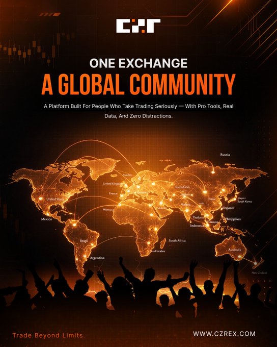Promotional poster for 'CZ.R' exchange reading 'ONE EXCHANGE A GLOBAL COMMUNITY' with a world map connecting global cities and silhouettes of cheering people at a concert.