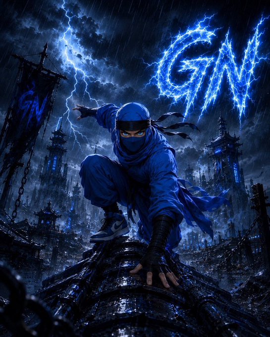 A ninja crouches dramatically atop a chain-wrapped spire amid a stormy, lightning-lit cityscape with "GN" forged in electric blue across the sky. The image matches the post's "GN" (good night) sign-off, using the glowing letters and dynamic scene to send a powerful goodnight and good weekend wish to fans.