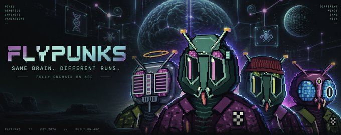 A cyberpunk-style promotional banner for 'FLYPUNKS' NFT collection featuring four stylized robotic insect characters with text including 'SAME BRAIN. DIFFERENT RUNS.' and 'FULLY ONCHAIN ON ARC'.