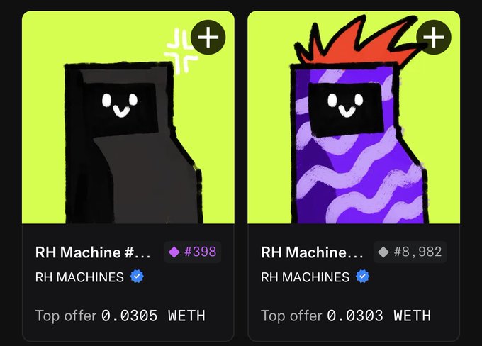 Two "RH Machine" NFT listings (#398 and #8,982) are displayed on a marketplace, featuring cartoonish arcade-machine characters with smiling faces—one in sleek black with green accents, the other in purple with fiery red hair. The captions note the new acquisitions, with top offers listed at 0.0305 WETH and 0.0303 WETH respectively, though the user declares them "too cute to burn."
