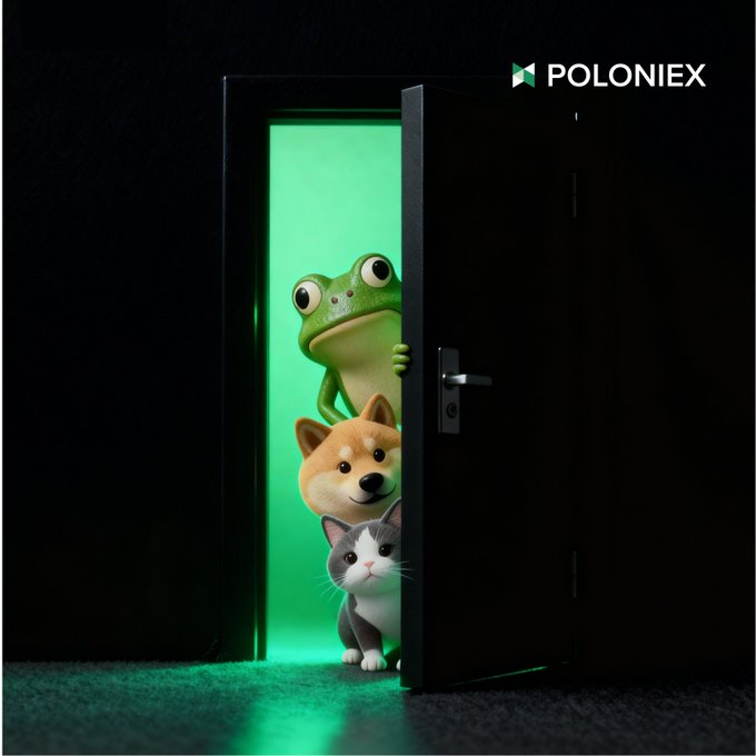 A Poloniex advertisement showing a frog, a Shiba Inu dog, and a grey and white cat peering out from a dark doorway illuminated by bright green light.