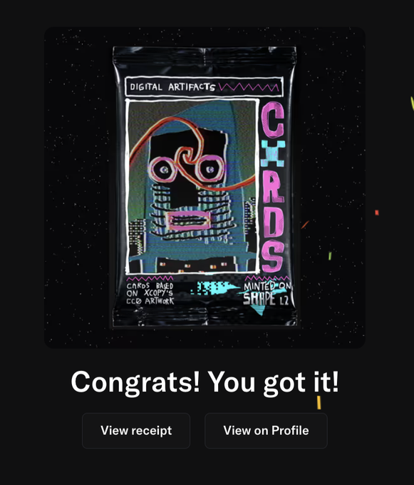 A digital trading card interface showing a pixel-art 'CHRXRS' card with the text 'DIGITAL ARTIFACTS' and 'Congrats! You got it!', along with 'View receipt' and 'View on Profile' buttons.