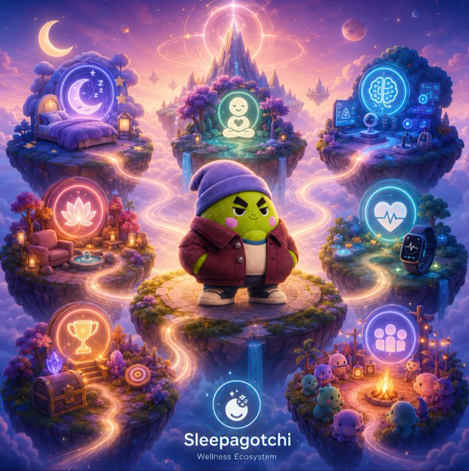 A whimsical fantasy illustration for Sleepagotchi - Wellness Ecosystem, featuring a green character in a beanie on a floating island surrounded by floating islands with icons for sleep, meditation, health, and rewards.