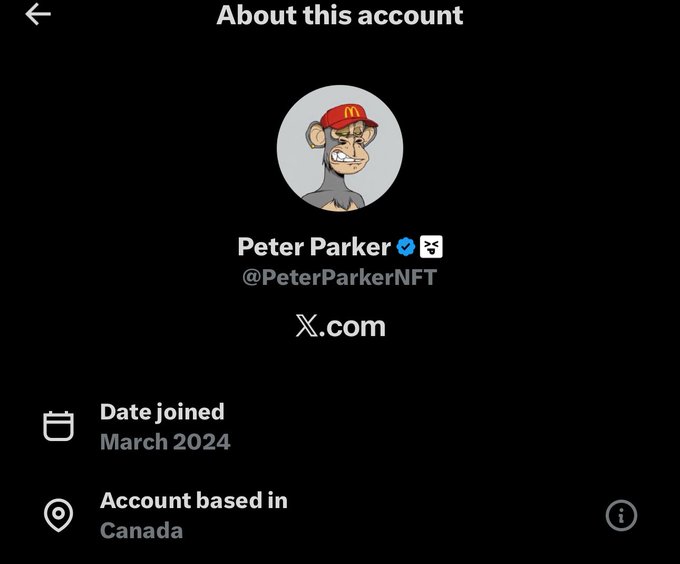 Twitter/X profile page for 'Peter Parker' (@PeterParkerNFT), featuring a cartoon monkey wearing a red McDonald's cap, joined March 2024, based in Canada.