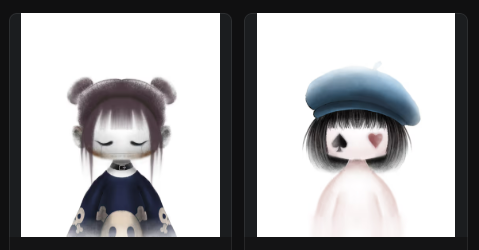 Two framed illustrations of stylized characters with large dark hair - one wearing a bear-eared hoodie and the other wearing a blue beret with a spade and heart symbol on their face.