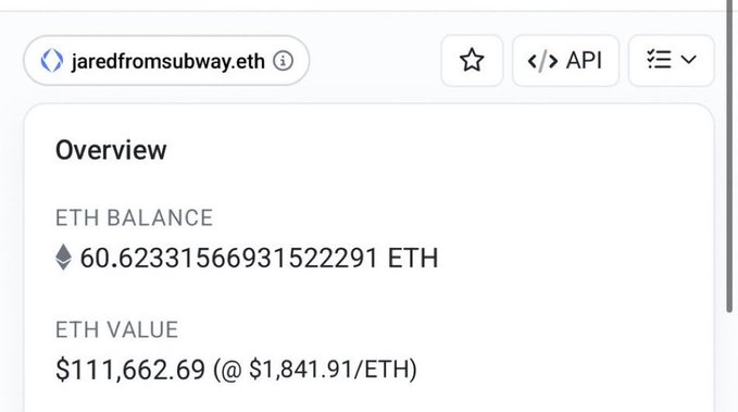 A screenshot of a crypto wallet tracker showing the address "jaredfromsubway.eth" with an ETH balance of 60.62 ETH valued at $111,662.69 at $1,841.91/ETH, suggesting the poster has substantial holdings to send $500 in ETH to two people.