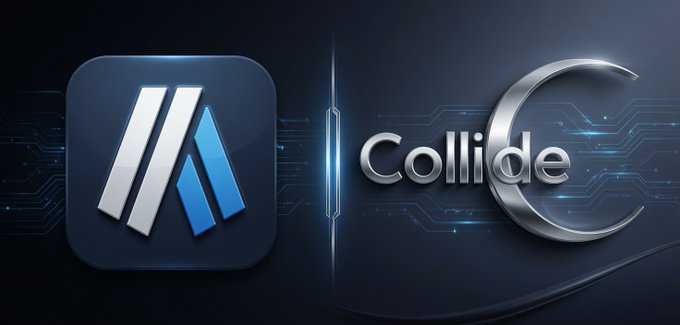 A digital graphic displays a stylized blue and white logo next to the metallic text "CollideC" set against a dark, high-tech background with glowing blue circuitry lines.