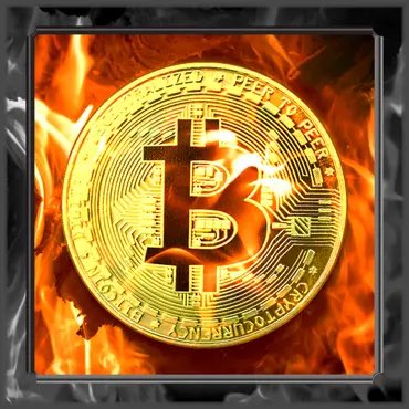 A gold Bitcoin coin is displayed against a backdrop of flames, featuring the inscriptions 'BITCOIN DIGITAL DECENTRALIZED PEER TO PEER' and 'FINE COPPER.