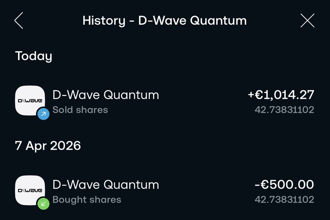 The image depicts a computer screen displaying information related to D-Wave Quantum funds, including the total amount invested and the expected returns. There are also other details about the investments, such as the funds purchased, bought shares, and other relevant information for investors or fund managers. The image is likely part of a post or update sharing this information with others interested in investing in D-wave Quantum funds.