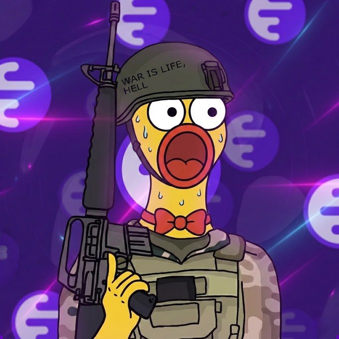 A cartoon illustration of a sweating yellow character with an open mouth, wearing a military helmet with the text 'WAR IS LIFE, HELL', holding an assault rifle against a purple background with icons.