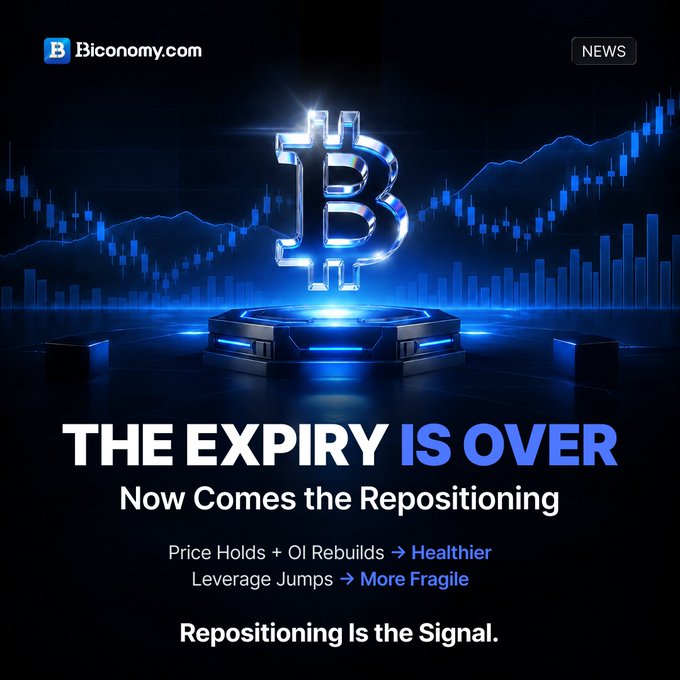 A B3conomy.com news graphic featuring a glowing Bitcoin 'B' symbol with the headline 'THE EXPIRY IS OVER - Now Comes the Repositioning,' noting price holds + OI rebuilds lead to healthier markets while leverage jumps make them more fragile.
