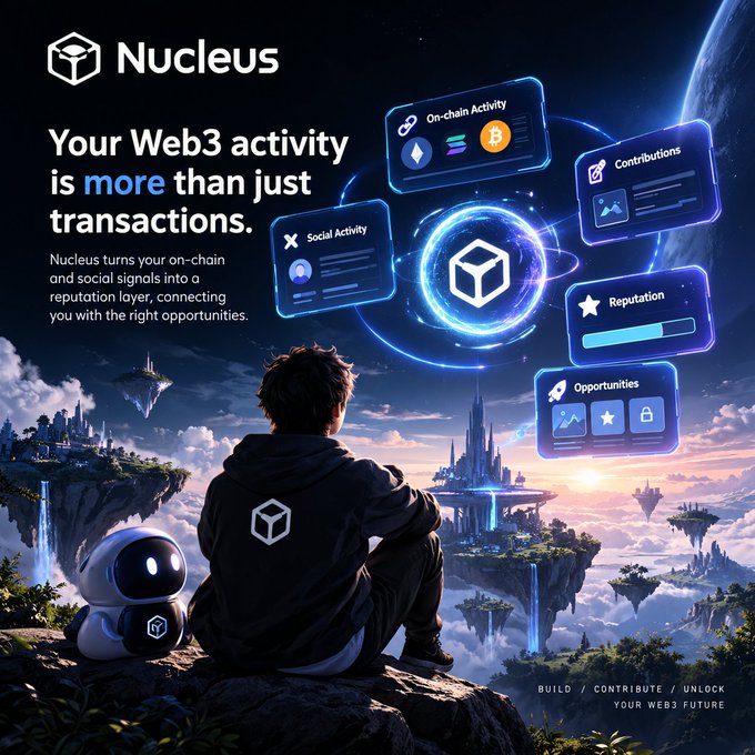 A promotional graphic for "Nucleus" Web3 platform with text "Your Web3 activity is more than just transactions" and "BUILD / CONTRIBUTE / UNLOCK YOUR WEB3 FUTURE", showing a figure overlooking a fantasy landscape with floating UI elements labeled "On-chain Activity," "Social Activity," "Contributions," "Reputation," and "Opportunities."