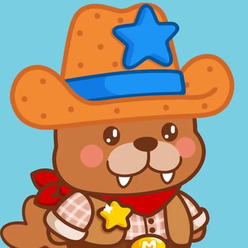 A brown cartoon beaver dressed as a cowboy with an orange star-decorated hat, red bandana, plaid shirt, and a gold sheriff's badge, referencing the character from the 9-image grid.