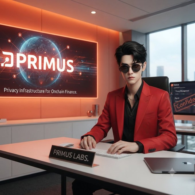 A digitally rendered or AI-generated image depicts a stylish young man in a red blazer and sunglasses working at a desk with a 'PRIMUS LABS' nameplate, with a screen behind him displaying 'PRIMUS - Privacy Infrastructure for Onchain Finance.'