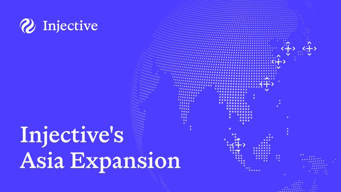 The image is a promotional graphic for Injective, featuring the company's logo at the top left and the bold text "Injective's Asia Expansion" on the left side. The background displays a dotted map of Asia with crosshair markers highlighting key locations, visually reinforcing the post's message that Injective's $INJ token value extends beyond trading volume to include infrastructure for tokenized stocks, RWA liquidity, and institutional settlement across expanding Asian markets.