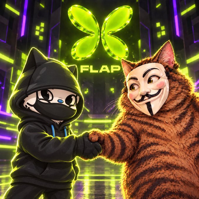 A digital artwork showing two anthropomorphic figures in a futuristic neon-lit setting—one in a black hoodie with cat ears and the other in a striped cat suit wearing a mask—shaking hands in front of a glowing green logo with the word 'FLAP'.
