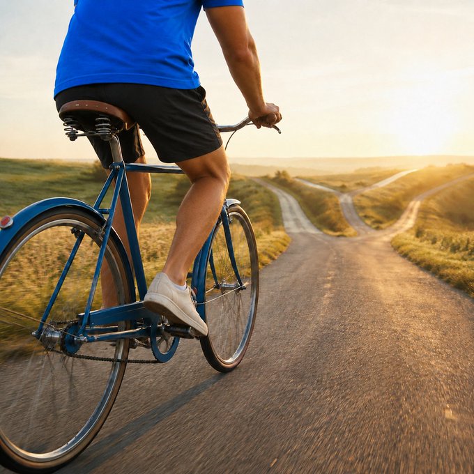A rear view of a person wearing a blue shirt and black shorts riding a blue vintage-style bicycle along a paved road during golden hour sunset.