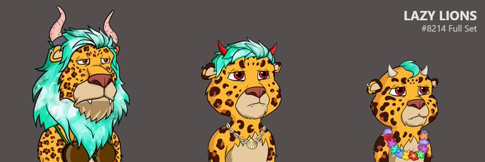 Three stylized leopard-like NFT characters with turquoise hair and red horns progress from a full-maned lion to a smaller cub wearing a flower lei, labeled "LAZY LIONS #8214 Full Set" — showcasing the "full set" collection of varying character tiers celebrated in the #FullSetFriday post.