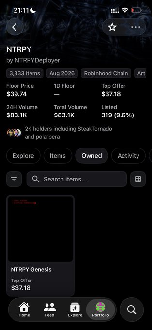 Screenshot of an NFT collection page for 'NTRPY' by NTRPYDeployer, showing 3,333 items on Robinhood Chain with a floor price of $39.74, 24H volume of $83.1K, and 319 listed (9.6%).