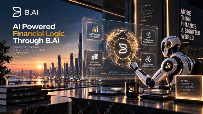 A promotional graphic for 'B.AI' featuring a robot interacting with a holographic display showing 'AI Powered Financial Logic,' 'AUTOMATED DECISIONS,' 'PAYMENT COORDINATION,' 'TRANSACTION MANAGEMENT,' and 'BLOCKCHAIN INFRASTRUCTURE,' with the tagline 'MORE THAN FINANCE A SMARTER WORLD.'