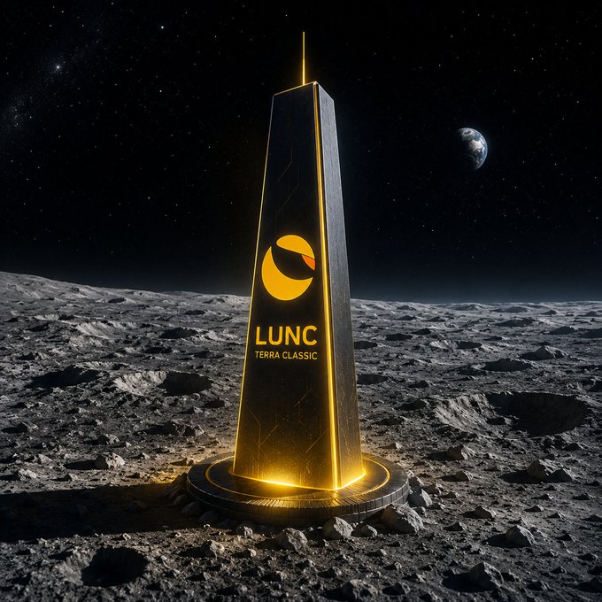 A glowing black and gold obelisk branded with the **LUNC (Terra Classic)** logo and crescent emblem stands on the lunar surface, with Earth visible in the starry background—visually reinforcing the "$LUNC SOON MOON" meme by symbolizing the token's journey to the moon.