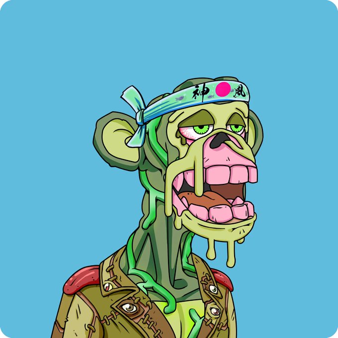 A cartoon illustration of a green, zombie-like ape wearing a Japanese-style headband with a red circle and kanji characters, with drool and green slime dripping from its face.