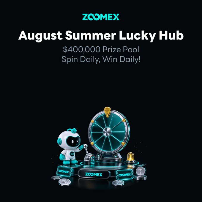 ZoomEx's "August Summer Lucky Hub" promotion features a $400,000 prize pool and a cute robot mascot standing beside a glowing teal lucky wheel, with the text "Spin Daily, Win Daily!" promoting their crypto trading rewards campaign.